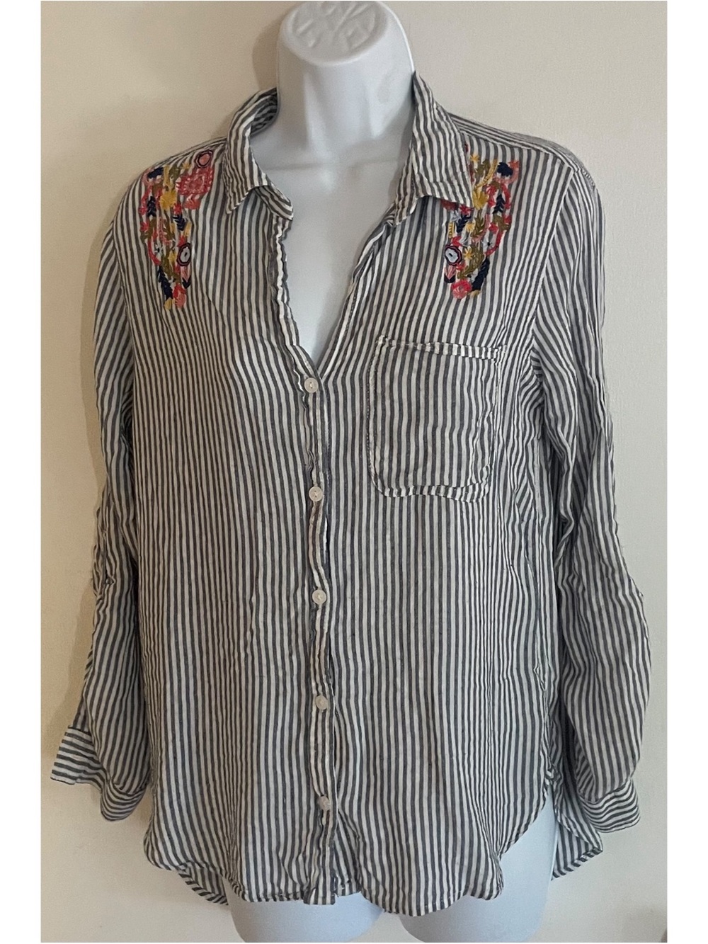 Velvet Heart Blue Gray and White Striped Embroidered Button-Down Top